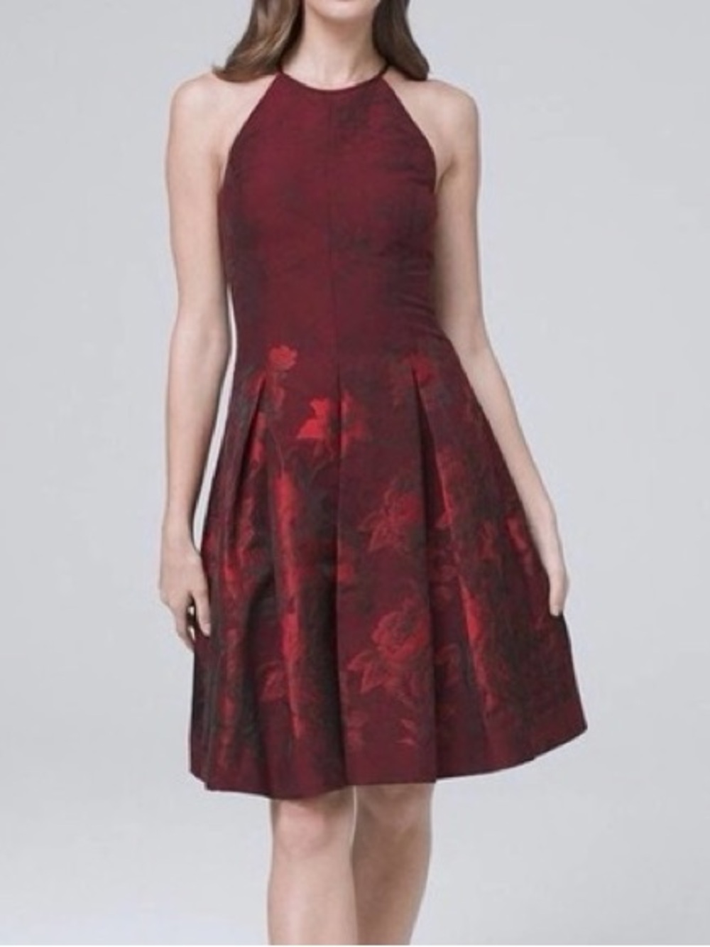 White House Black Market Red Floral-Jacquard Fit-And-Flare Dress Size 4